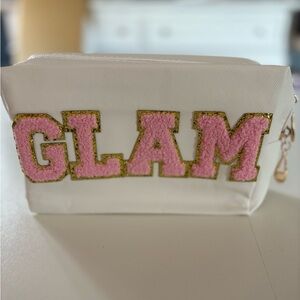 Glam White Cosmetic Bag with Pink Lettering